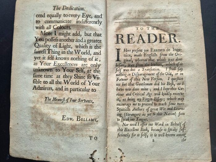 Doctor Juan Huartes (1529-1588). Examen de Ingenios: Or, The Tryal of Wits.Translated by Mr Bellamy 1698. antiquarian, rare, leather, binding, psychology, neuroscience, intelligence, wit, phrenology, philosophy, renaissance, spanish, seventeenth century, 