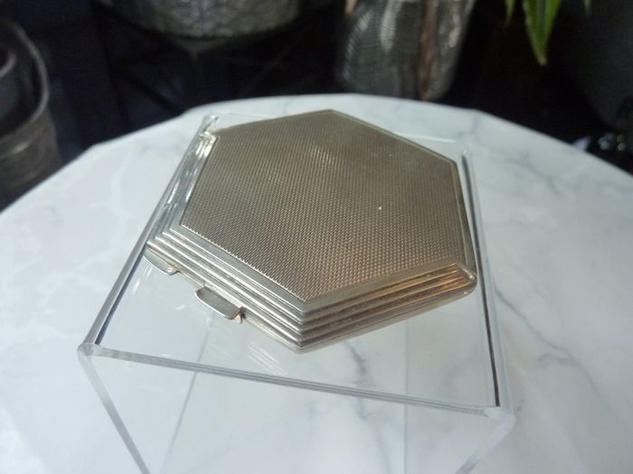 Vintage Art Deco Style Sterling Silver Compact. Turner & Simpson Birmingham 1954 Hexagonal