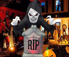 7 Feet Halloween Inflatable Grave Scene Skeleton Ghost with Tombstone and Pumpkin LED Lights Decor Outdoor Indoor Holiday Decorations Blow up Yard Decor Giant Lawn Inflatables Home Family