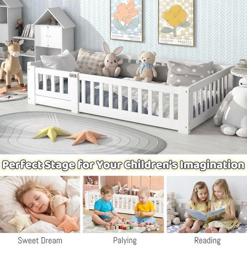 190x90 cm Toddler Floor Bed,3ft Montessori Floor Bed with Rails & Lockable Door,Single Children's Beds for Toddlers,Kids,Fall Protection Including Slatted Frame,White Solid Pine