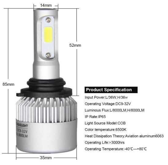 Cool White COB H1/H4/H7/H11/9006 LED Car Headlight Lamp 72W 8000LM