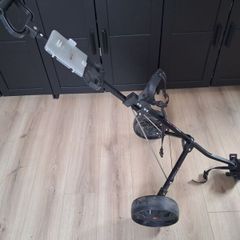 golf clubs, trolley and bag