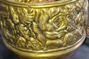 Vintage Brass Hanging Planter likely originates from England and features an embossed floral or rose pattern. The piece has developed a natural verdigris patina over time, postage available or collection