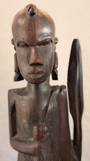 African Wooden Figures Pair Warrior Spear Water Carrier Hand Carved