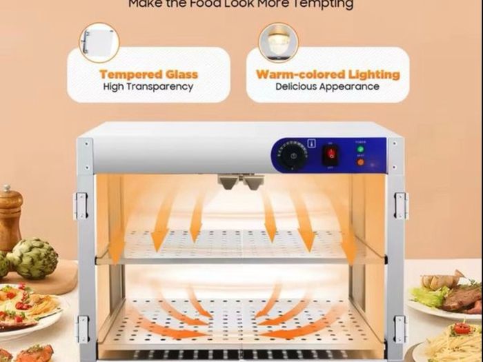 800W Food Warmer Display Cabinet 201 stainless steel 2 Tiers Hot Cabinet for Fast-food Restaurants, Breakfast Shops