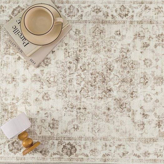 Vintage Rugs Living Room Beige Large Area Rug 200x300cm Non Slip Washable Hall Lounge Bedroom Kitchen Office Dining Room Indoor Carpet Low Pile Big Carpets