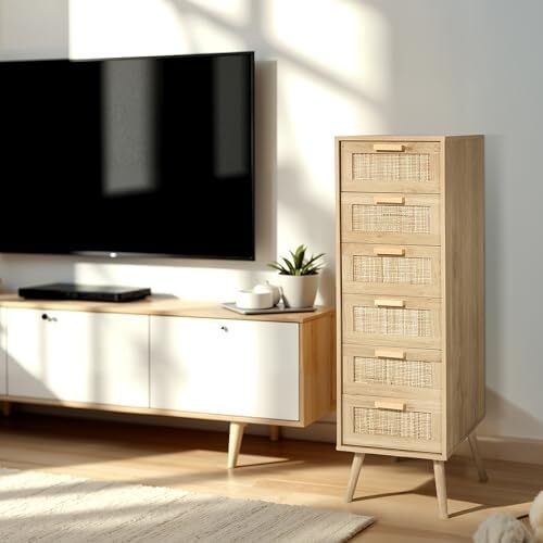 Rattan Chest of Drawers Bedroom, Tall Chester of Drawers with 6 Hand Made Rattan Decorated Drawers for Bedroom, Small Bedside Cabinet with Wood Legs, Natural