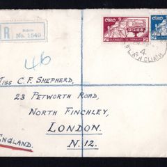 1937 Ireland New Constitution Commemorative Stamps Plain Envelope addressed to London, England First Day Cover (FDC) with Dublin No 1549 Registration Label