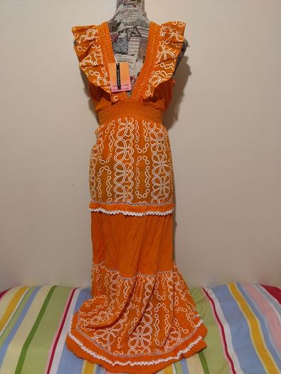 RIVER ISLAND Orange floral frill detail beach maxi dress,  NEW WITH TAGS