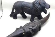 PRICE DROP  ...  Vintage Hand Carved Decorative Black Lion and Crocodile