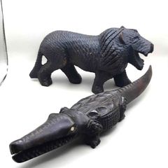 PRICE DROP  ...  Vintage Hand Carved Decorative Black Lion and Crocodile