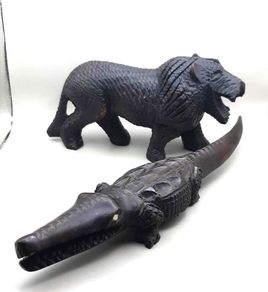 PRICE DROP  ...  Vintage Hand Carved Decorative Black Lion and Crocodile
