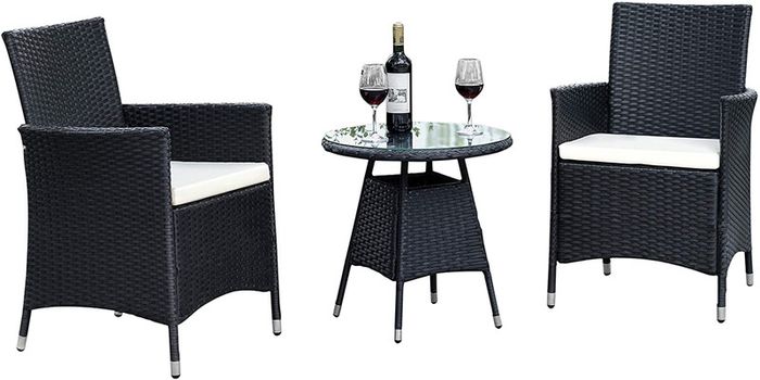 3-piece garden furniture set, lounge set, cream-colored cushions - made of PE rattan - table plus two chairs - practical to store, colour: black/cream
