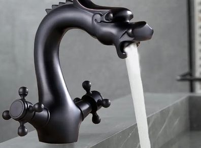 Black Bathroom Faucet Solid Brass Vintage Mixer Tap with Dual Handles Hot & Cold, Matte Black Finish Dragon-Shaped