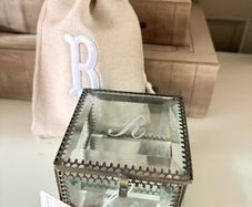 New bevelled glass, mirror and metal monogrammed R trinket box
