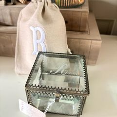 New bevelled glass, mirror and metal monogrammed R trinket box