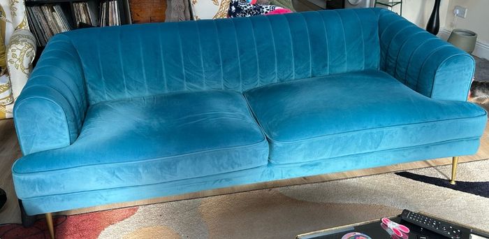 Teal dfs Enchanted sofa set. Four seater and cuddle seat.