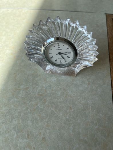 Vintage Stuart Crystal Dime Paperweight & Cavan Crystal Fan shaped clock