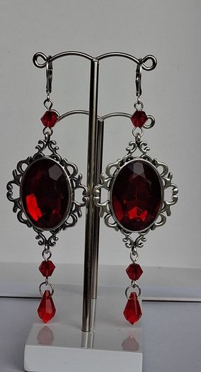 Gothic Ornate Filigree Deep Red Garnet Tassel Earrings