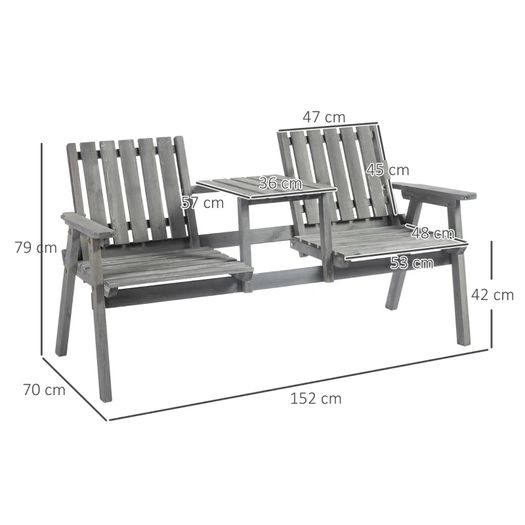 2-Seater Wooden Garden Furniture Bench - Antique Loveseat Chair and Table Conversation Set for Yard, Lawn, Porch, Patio, Grey