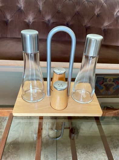 Vintage Bodum Oil Vinegar Salt Pepper Cruet Set by Georg Fontana Danish Beechwood with Aluminum 1990s