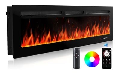 900W 1800W Heat Output, Ultra-Slim Wall-Mounted or Recessed Electric Fireplace Inserts with App & Remote Control, Timer, 20 Flame Colors Black