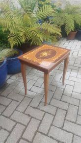 Vintage Mid Century Side Table with a Handmade Marquetry Panel Top Featuring a Floral Motif, Unknown Maker, Presume Italian-Made, Condition Issues, Needs Restoring