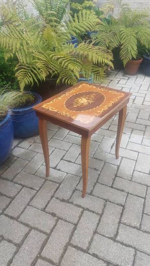 Vintage Mid Century Side Table with a Handmade Marquetry Panel Top Featuring a Floral Motif, Unknown Maker, Presume Italian-Made, Condition Issues, Needs Restoring