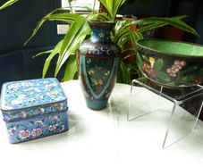 Vintage Chinese Cloisonne and Enamel Collection. Vase, Bowl and Trinket Box