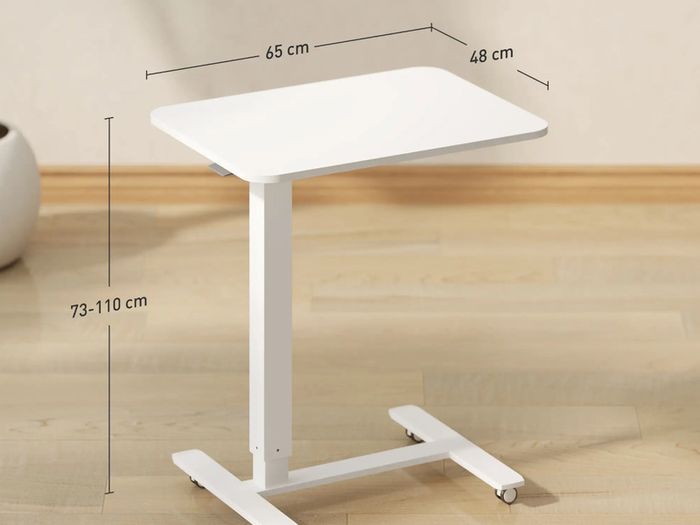 Height Adjustable Standing Desk, Pneumatic Sit Stand Desk for Laptop, Mobile Overbed Table with Wheels for Home Office, White
