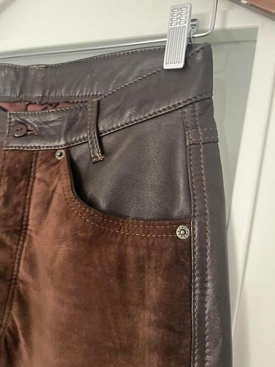 Unsigned genuine dark brown suede and leather jeans style trousers Sz 8UK - W28 L32 - Rrp 350 (New)