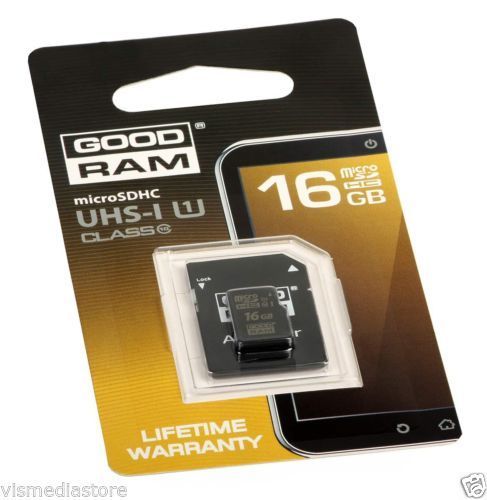 16Gb UHS-1 Class10 80MBs/sec Micro SDHC Memory Card GoodRam Secure Digital + SD adapter LIFETIME WARRANTY!