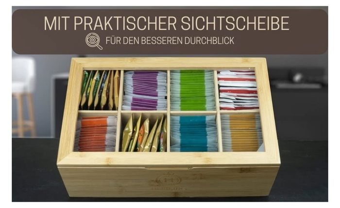 Brand New Premium tea box including sugar shaker 100 bamboo wood, with 8 dividers -
