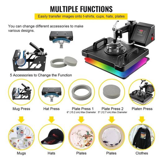 Heat Press 5 in 1 Heat Press Machine 38x30cm T shirt Press Mug Printing Machine Multifuctional