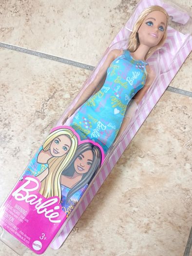 Barbie Doll 2022 Blonde Blue Logo Print Dress HGM59 (Asst GBK92) Mattel New