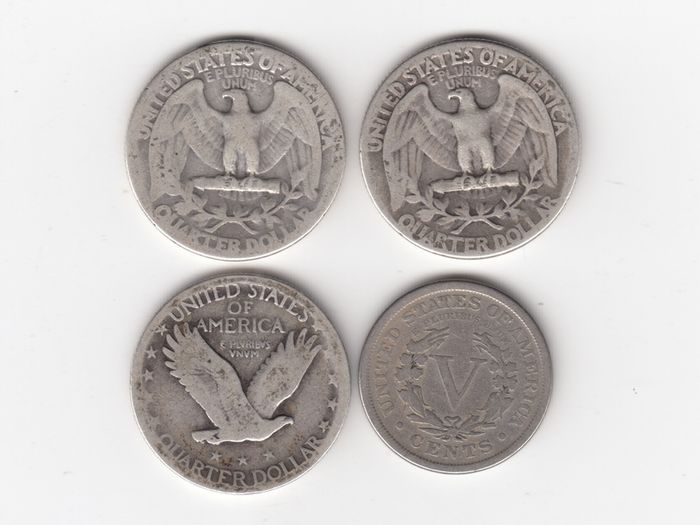 USA, 3 x Quarter Dollars, 90% silver coins & 1889 V cents (no. 493)