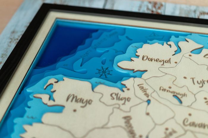 Handmade Wooden Map of Ireland - Layered Wood - Engraved with 32 Counties - Framed Wall Art