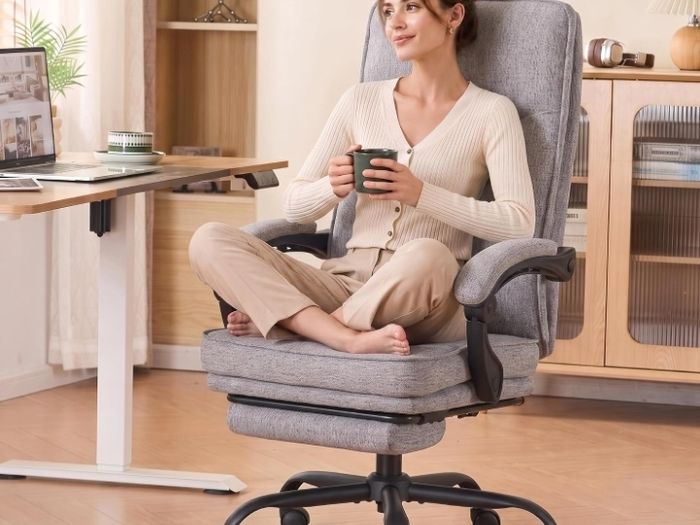 Office Chairs for Home, Ergonomic Office Chair with Footrest 90 135 Recline 150kg Heavy Duty Fabric Computer Desk Chair with Linkage Armrests, Adjustable Height for Napping and Gaming