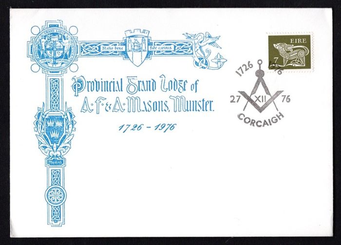 1976 Ireland 1726-1976 250th Anniversary of the Provincial Grand Lodge of Munster special event cancellation tying 7p Gerl definitive stamp on illustrated typed addressed cover.