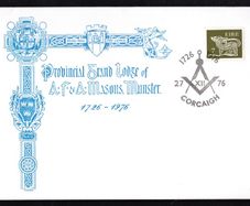1976 Ireland 1726-1976 250th Anniversary of the Provincial Grand Lodge of Munster special event cancellation tying 7p Gerl definitive stamp on illustrated typed addressed cover.