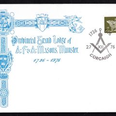 1976 Ireland 1726-1976 250th Anniversary of the Provincial Grand Lodge of Munster special event cancellation tying 7p Gerl definitive stamp on illustrated typed addressed cover.