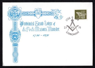 1976 Ireland 1726-1976 250th Anniversary of the Provincial Grand Lodge of Munster special event cancellation tying 7p Gerl definitive stamp on illustrated typed addressed cover.