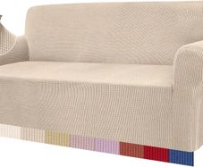 High Stretch Sofa Covers 3 Seater Super Soft Stylish Couch Covers for Dogs Pets Cats Jacquard Spandex Non Slip Sofa Slipcover for Living Room Furniture Protector 3 Seater, Beige
