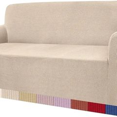 High Stretch Sofa Covers 3 Seater Super Soft Stylish Couch Covers for Dogs Pets Cats Jacquard Spandex Non Slip Sofa Slipcover for Living Room Furniture Protector 3 Seater, Beige