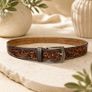 Premium Genuine Leather Belt Dual Tone Vintage Embossed Design with Antique Metal Buckle Image 7