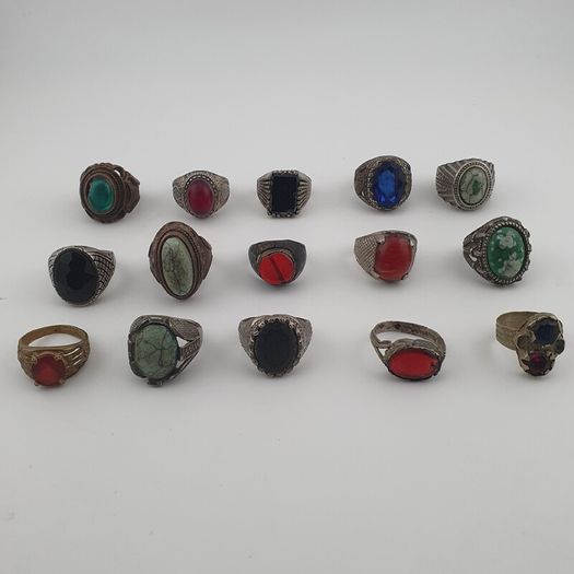 Antique Lot of 15 Bohemian Brass Rings  Assorted Ethnic & Tribal Designs