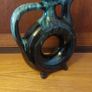 Fabulous Donut Shaped Bulgarian Pottery Bottle in Brown with Mint Green Drip Glaze Image 4