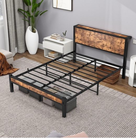Double Bed Frame with Wooden Storage Shelf Headboard, Metal Platform