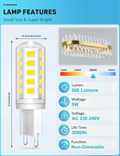G9 Led Bulbs Cool White, 5W, 500LM, 6000K, Equivalent to 50W Halogen, Non-Dimmable Energy Saving Light Bulb for Home Lighting Decor, Chandelier, Wall Light, Crystal Lamp-5 Packs [Energy Class E]