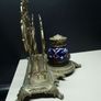 Antique Victorian Inkwell Set  Ornate Brass & Hand Painted Glass c. late 1800s Image 2